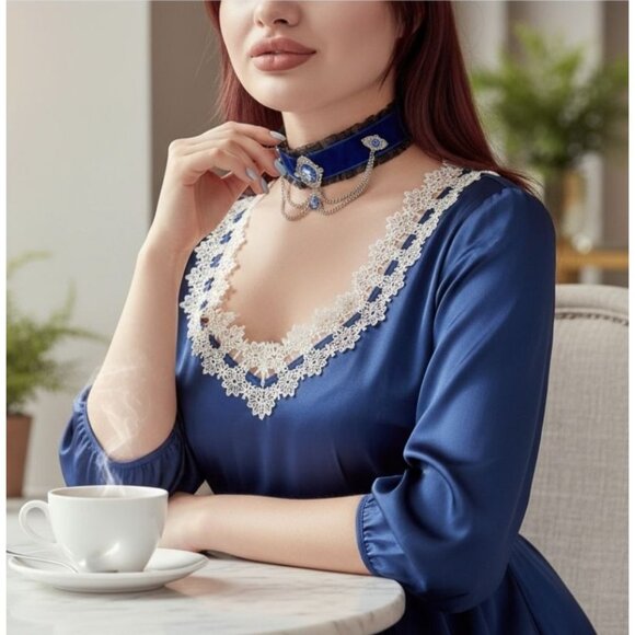 Widow ✦ Blue Velvet Victorian Choker ✦ Crystal Accents & Chain Details NWT - Picture 2 of 10